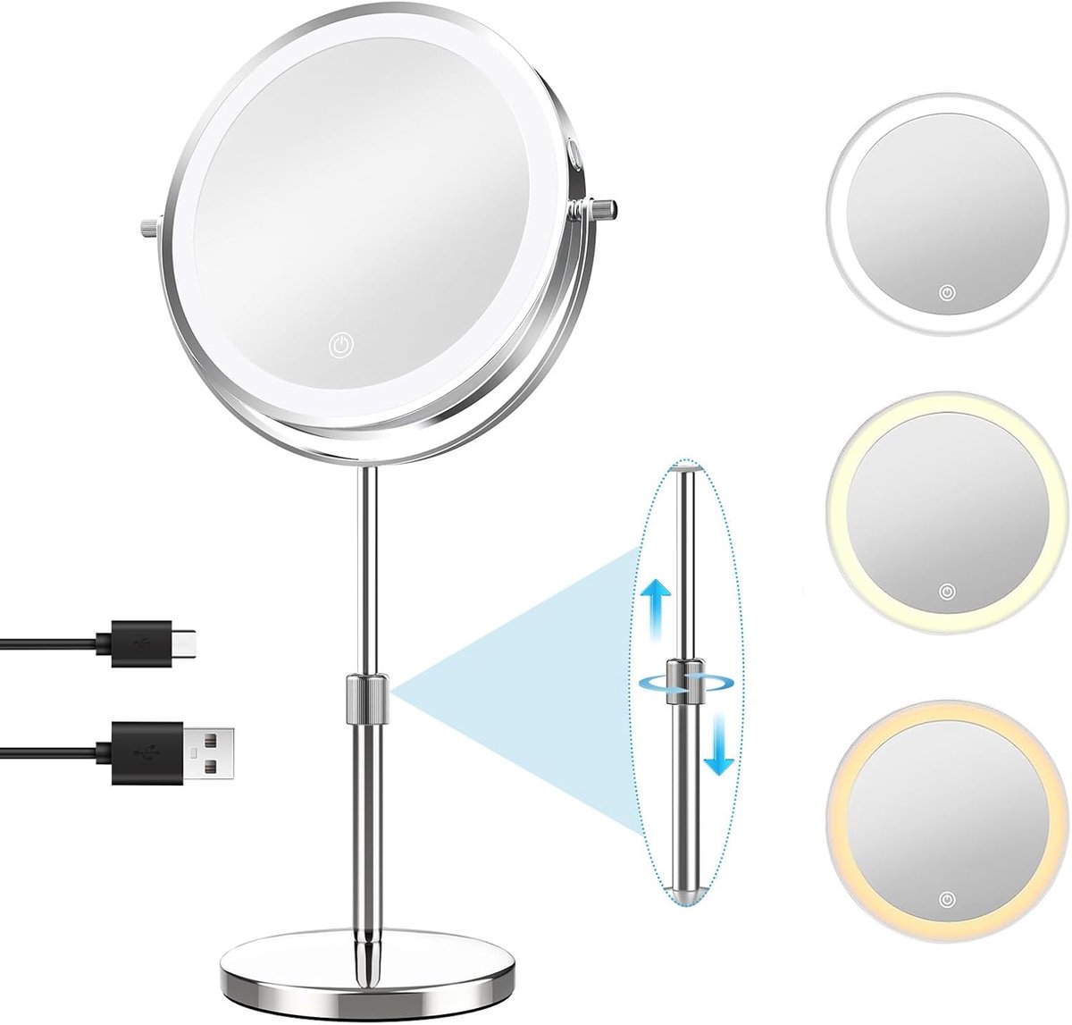 YAGXIG led make-up spiegel - 8 inch verlichte make-up spiegel - tafelspiegel - tafelspiegel - dubbelzijdige spiegel - in hoogte verstelbaar van 35 tot 45 cm - 3x vergroting - 3 kleurinstellingen - 360° rotatie - geschikt voor make-up en kappers