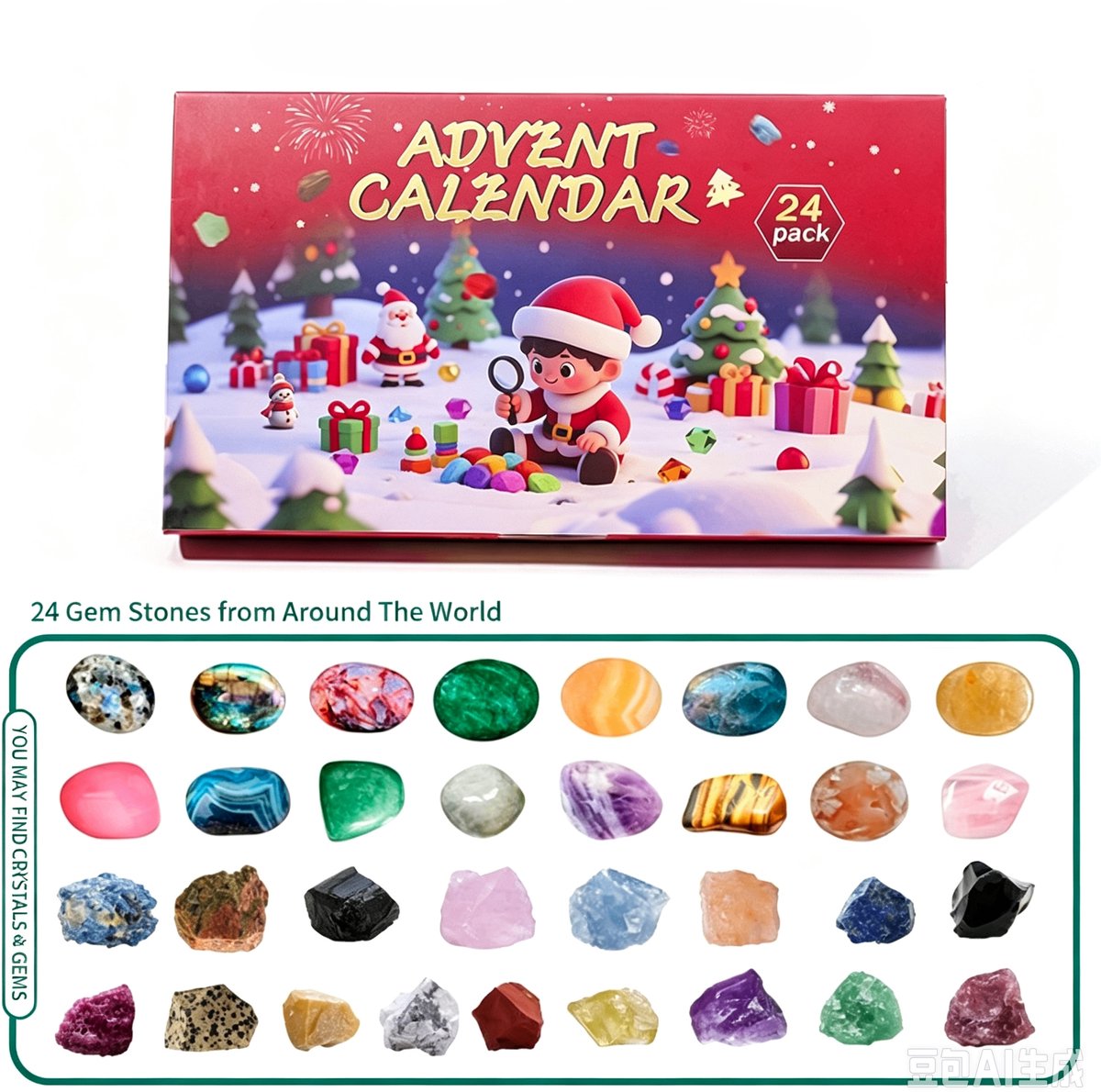 Kerstkalender met kristallen voor 2026 - 24 natuurlijke edelstenen en een adventskalender met geografische edelstenen en mineralen - een perfect kerstcadeau voor jongens - meisjes, tieners en volwassenen.