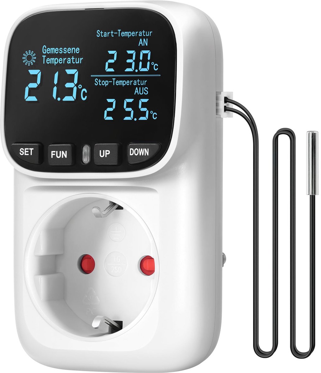 Temperatuurregelaar - Thermostaat Stopcontact - Temperatuurregelaar Stopcontact 230V 16A - Digitale Thermostaat met Sensor - Temperatuurschakelaar voor Verwarming en Ventilator