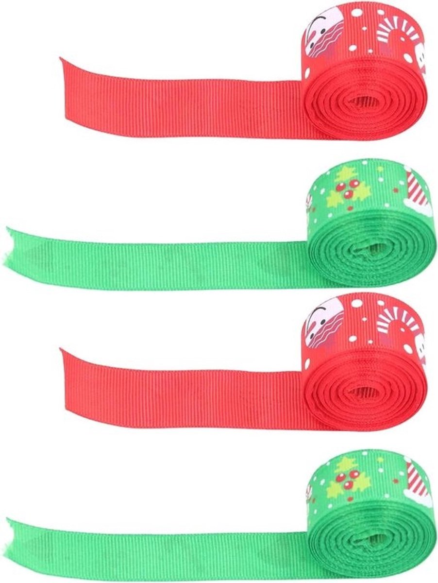 Cadeaulint Polyester - Inpaklint Decoratielint - Cadeaus Versieren - Levendige Kleuren - 4 Rollen x 5 Meter - Rood Groen