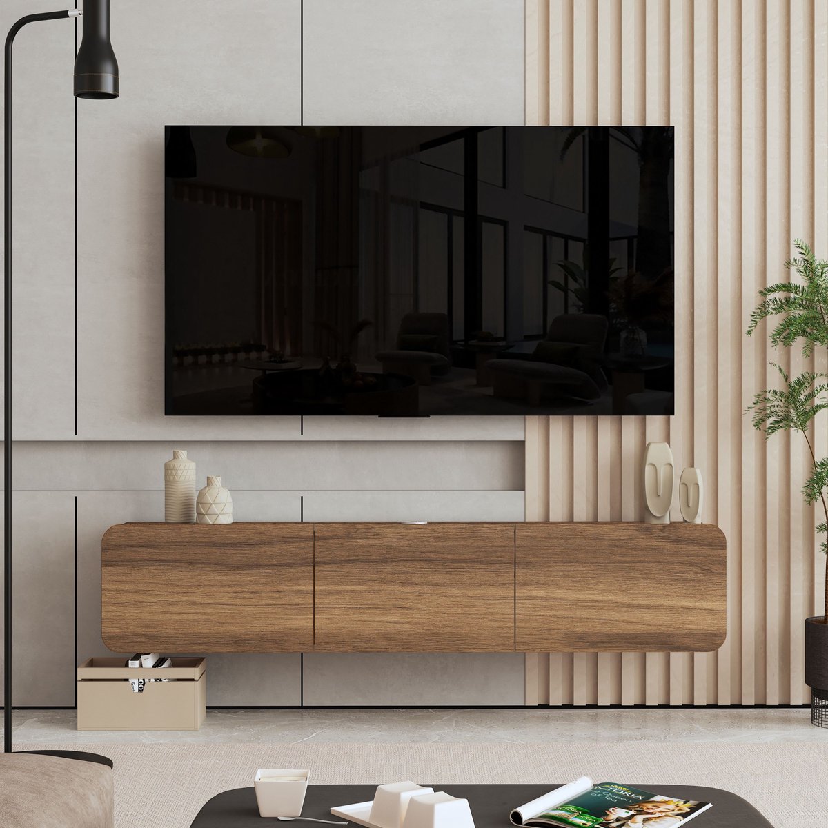 Brandloop Trois Zwevend tv-meubel - 3 Kleppen - Walnootkleur
