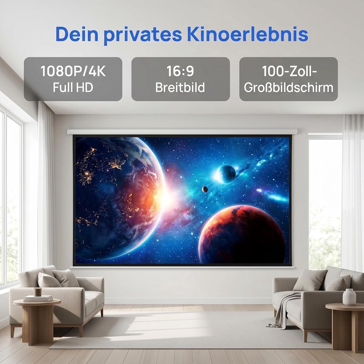 Draagbaar Projectiescherm 100 Inch 16:9 - 4K HD Scherm voor Buiten en Binnen, Ideaal voor Thuisbioscoop en Filmavonden