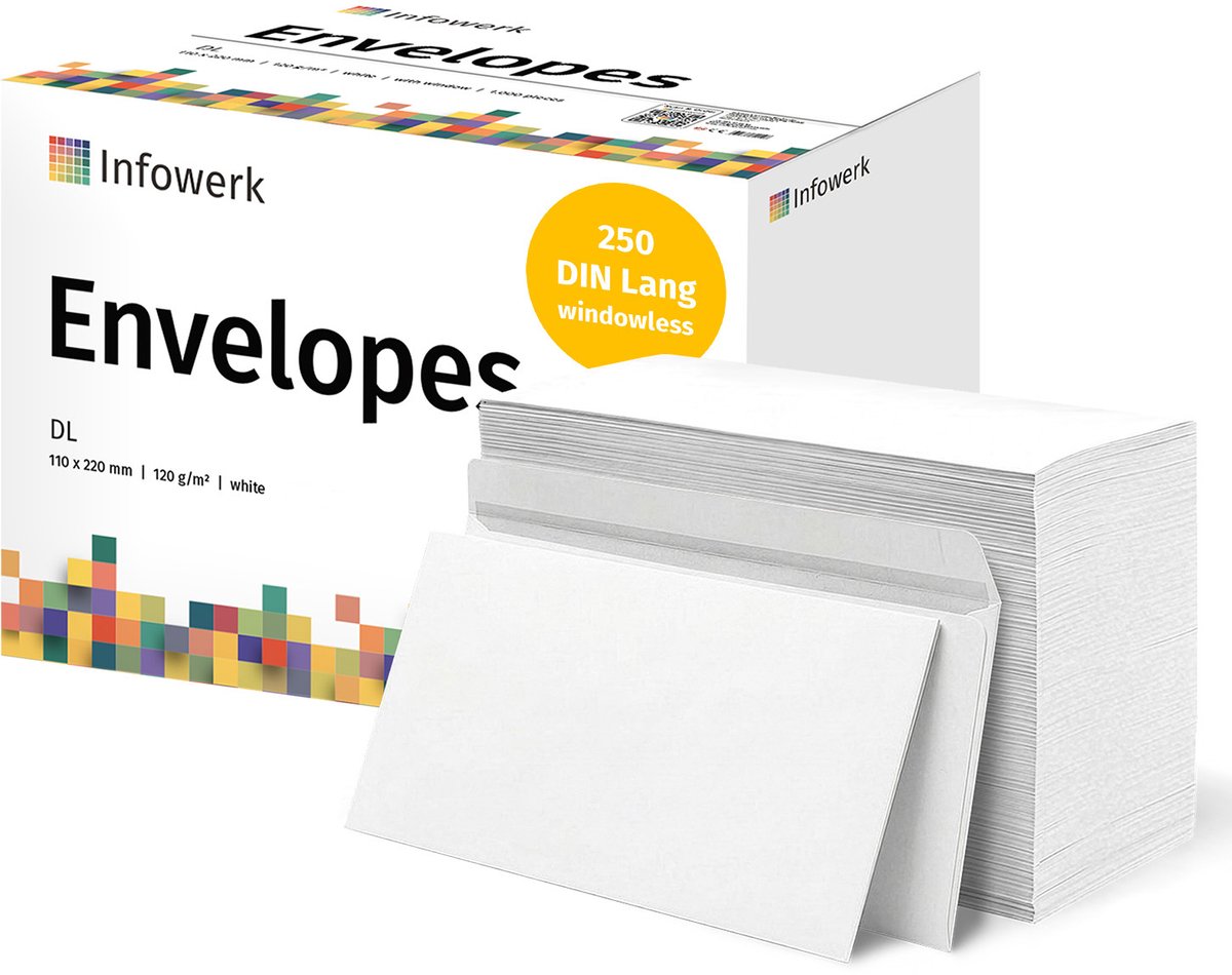 NIEUW: Infowerk Enveloppen zonder venster, DIN Lang, onbedrukt, 250 stuks