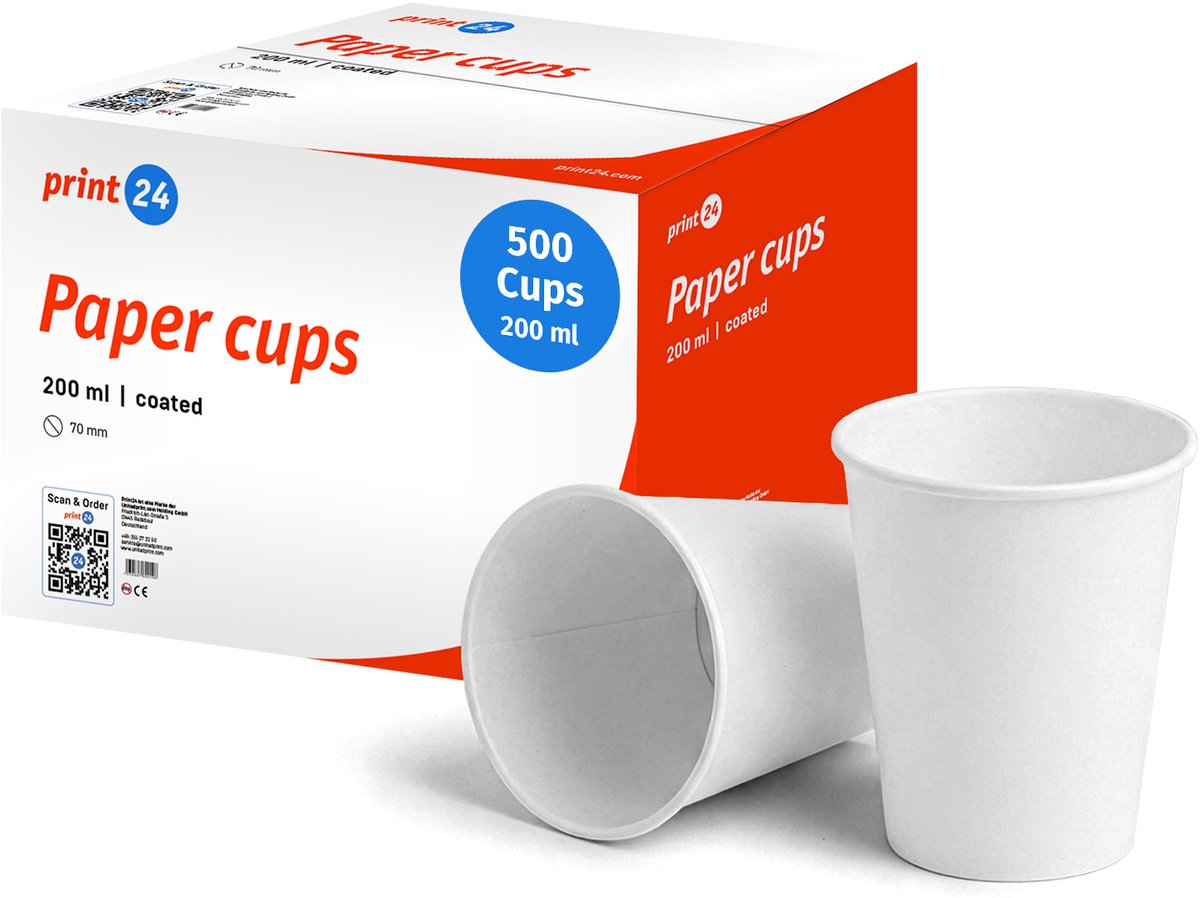 NIEUW: print24 Kartonnen bekers, 200 ml, onbedrukt, wegwerpbekers, 500 stuks