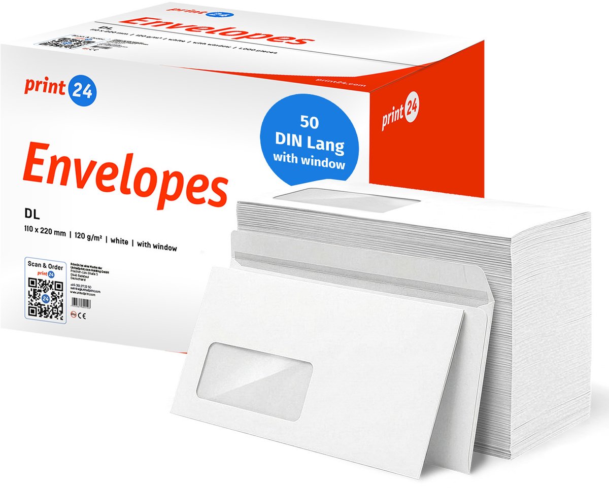 NIEUW: print24 Enveloppen met venster, DIN Lang, onbedrukt, 50 stuks