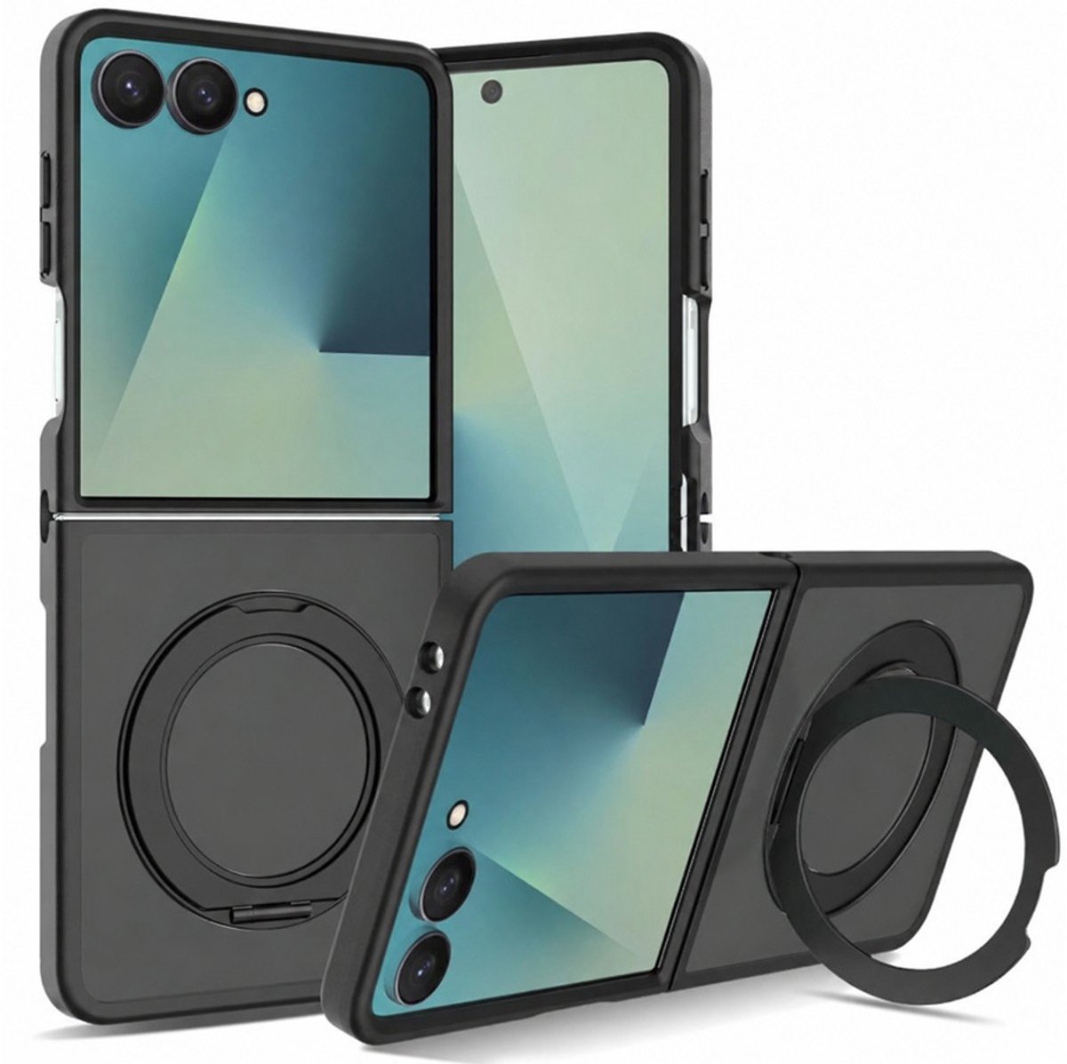 CaseMania Backcase hoesje geschikt voor Samsung Galaxy Z Flip 8 - Zwart - TPU (Zacht) - Frozen Frosted look - Uitklapbare 360 Ring - Compatible met MagSafe & Qi2