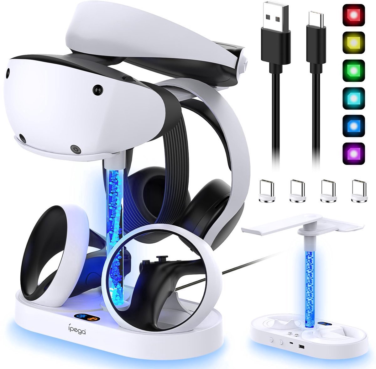 Oplaadstation PS VR2 - Oplaad- & opbergstandaard geschikt voor Playstation VR2-controllers & Headset - 4 stuks USB-C magnetische laadaansluitingen - VR-headset houder - Accessoires - RGB-verlichting