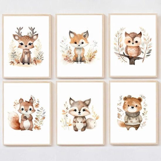 Set van 6 baby posters met bosdieren in aquarel stijl: hert, vos, uil, eekhoorn, vos met vriend, en beer.