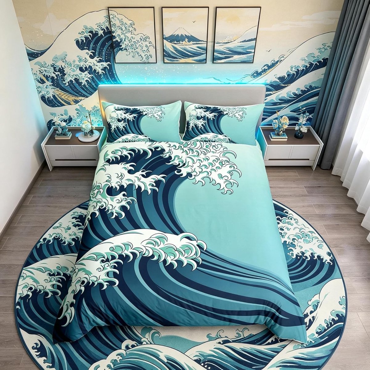Super King Size Japanse Stijl Bedlinnen Set met Zee Golf Dekbedovertrek, 3-delig Decoratief Beddengoed voor Kinderen en Volwassenen in Blauw, Luxe en Comfortabel
