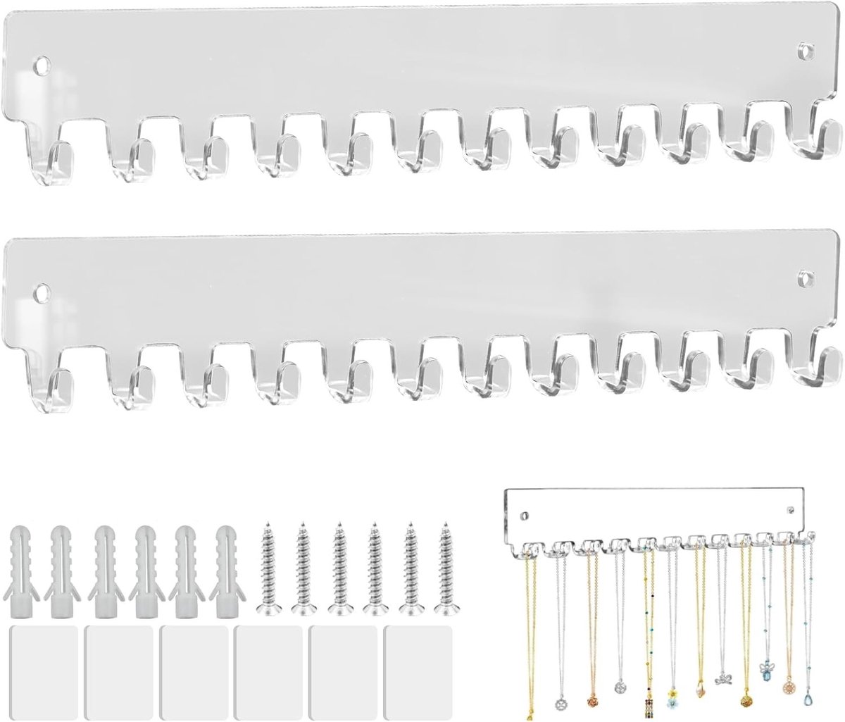 Sieradenhouder voor aan de muur met 12 haken voor kettingen, armbanden en oorbellen - Transparante acryl opslag voor ringen en sleutels, set van 2 stukken