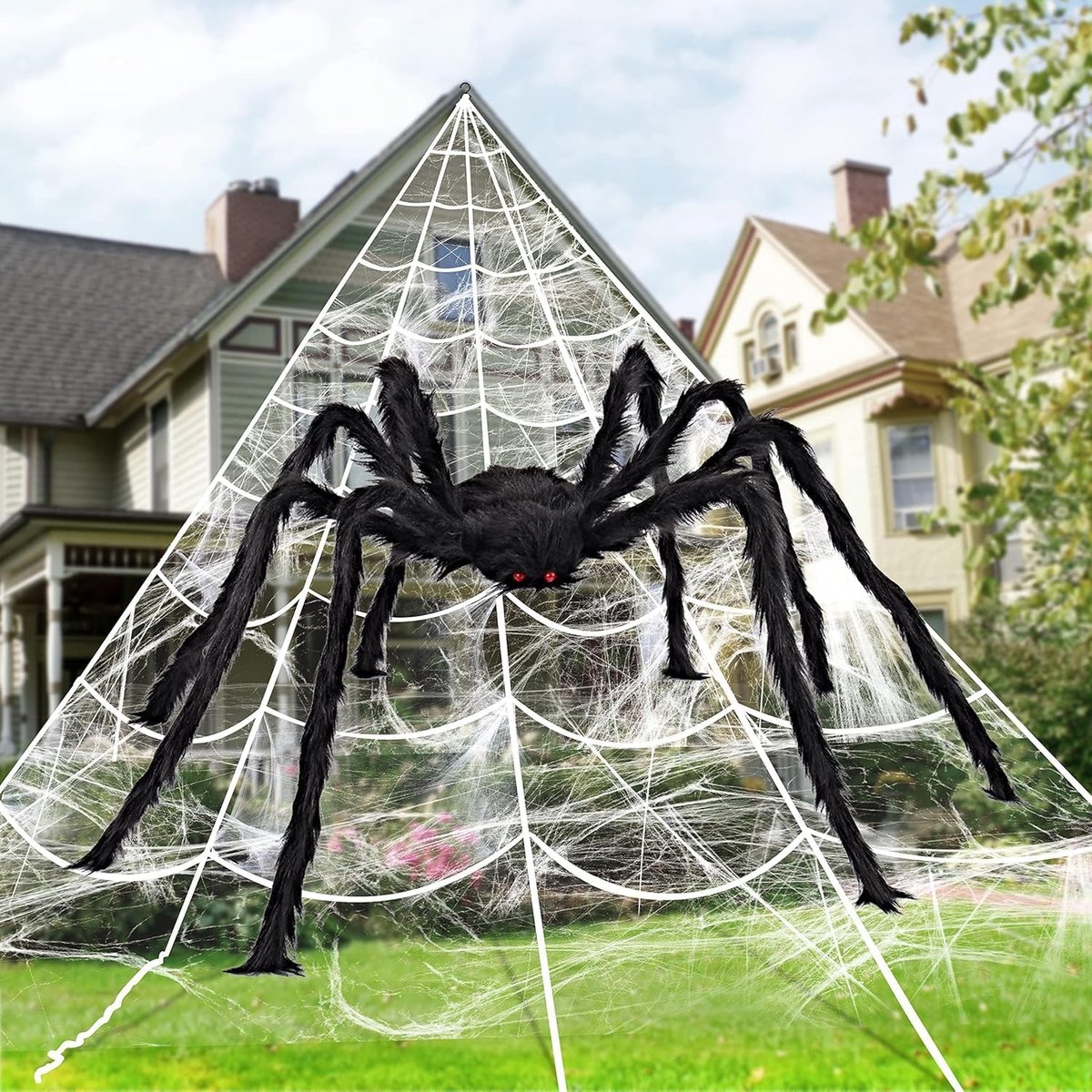 Halloween Decoratie - 7m Reuzen Spinnenweb Set met 150cm Realistische Reuzen Spin - Voor Binnen en Buiten - 1 set