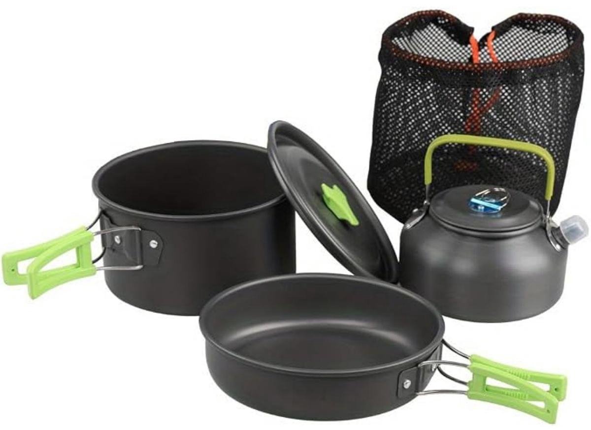 SSTRWGOOD 3 Stuks Kookset - Lichte Aluminium Pan, Pot en Ketel - Niet Aanbakken - Geschikt voor Kamperen, Wandelen en Outdoor Koken - Oxide Aluminium - Inkl. Inklapbare Handvatten voor 2-3 Personen