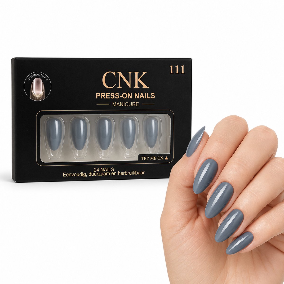 CNK 111 Press On Nails - Plaknagels - 24 Kunstnagels met Nagellijm, 24 Zelfklevende Plakstickers, Cleaner Wipe, Nagelvijl, Woodstick & Size Matcher - Nepnagels voor 7-14 Dagen - Herbruikbare Press-On Nagels - Starterspakket voor Manicure & Nail Art