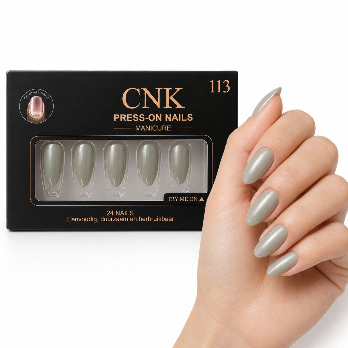 CNK 113 Press On Nails - Plaknagels - 24 Kunstnagels met Nagellijm, 24 Zelfklevende Plakstickers, Cleaner Wipe, Nagelvijl, Woodstick & Size Matcher - Nepnagels voor 7-14 Dagen - Herbruikbare Press-On Nagels - Starterspakket voor Manicure & Nail Art