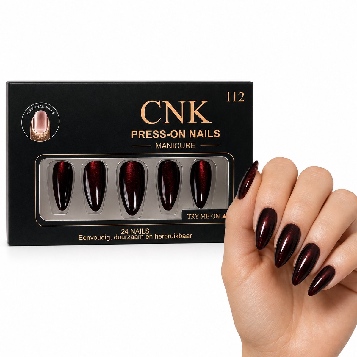 CNK 112 Press On Nails - Plaknagels - 24 Kunstnagels met Nagellijm, 24 Zelfklevende Plakstickers, Cleaner Wipe, Nagelvijl, Woodstick & Size Matcher - Nepnagels voor 7-14 Dagen - Herbruikbare Press-On Nagels - Starterspakket voor Manicure & Nail Art