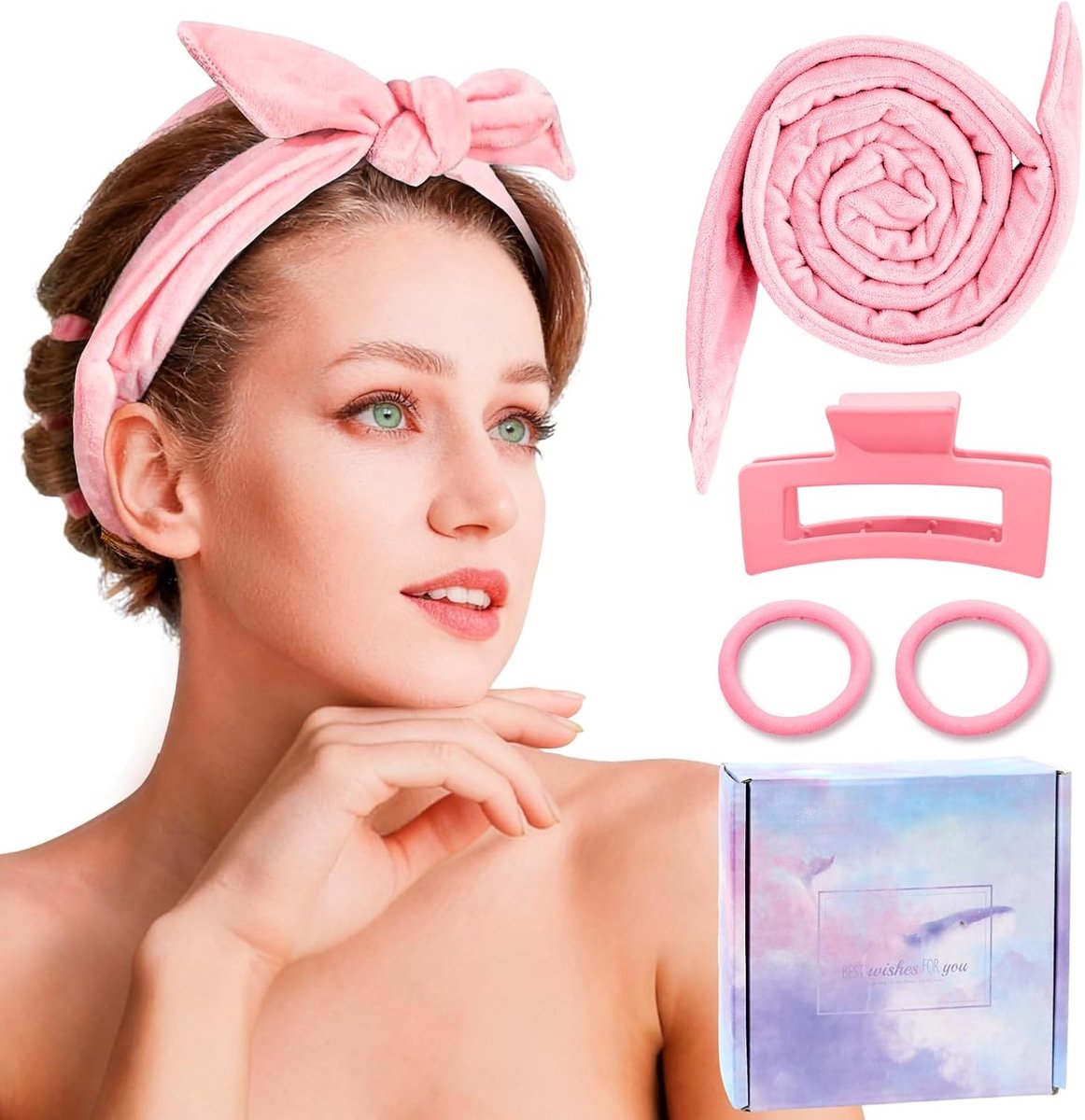 Zonder Hitte Krullen, Gemakkelijke Krullen met 1 Haarclip en 2 Haarstrikken, Ideaal voor Dagelijks Gebruik, Reizen en Cadeaus, Zacht en Comfortabel (roze)