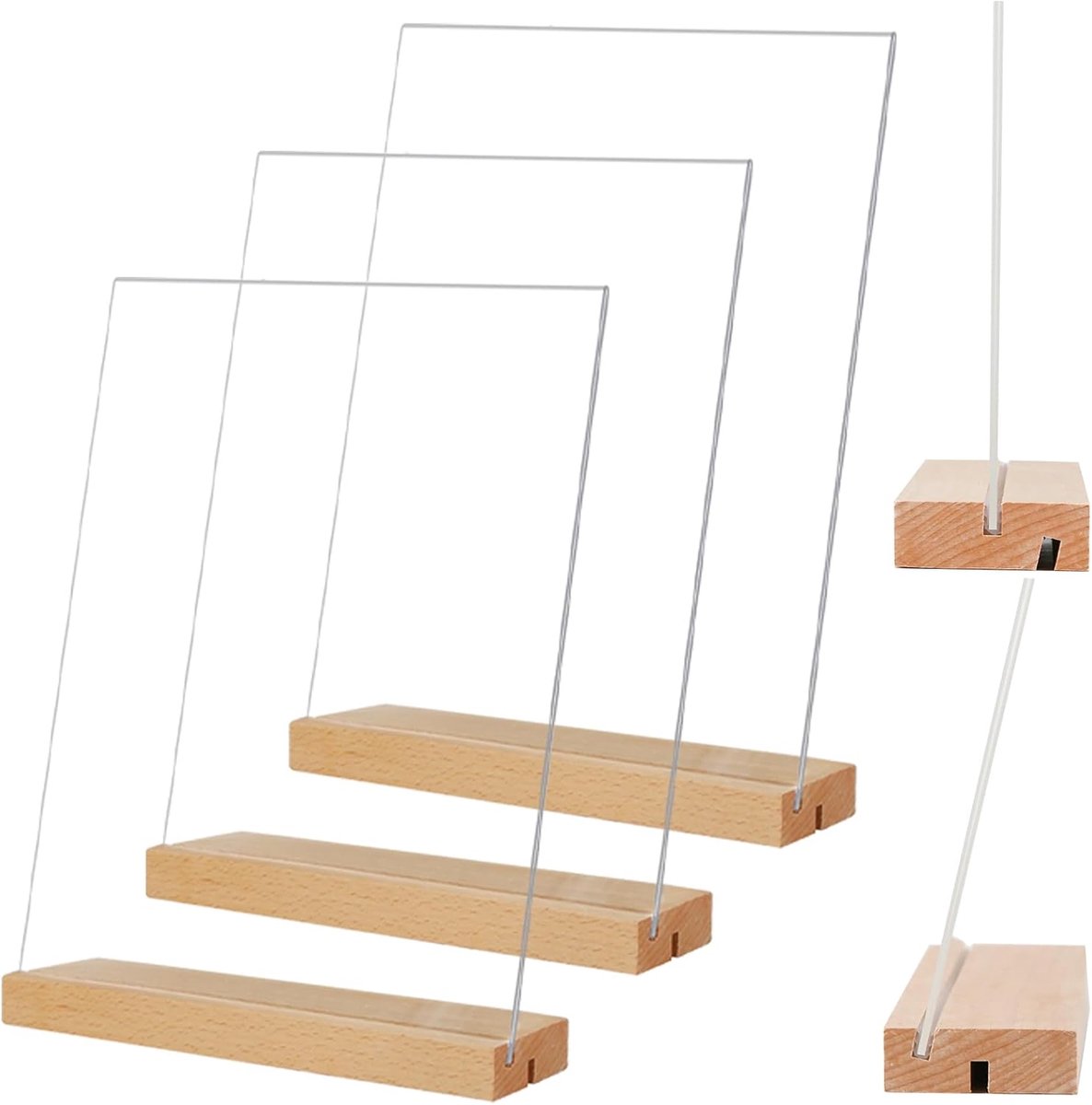 3 Stuks Acryl Tekenhouders - Transparante Displayhouders met Beukenhouten Basis - 21 x 27 cm - Verticaal of Schuin