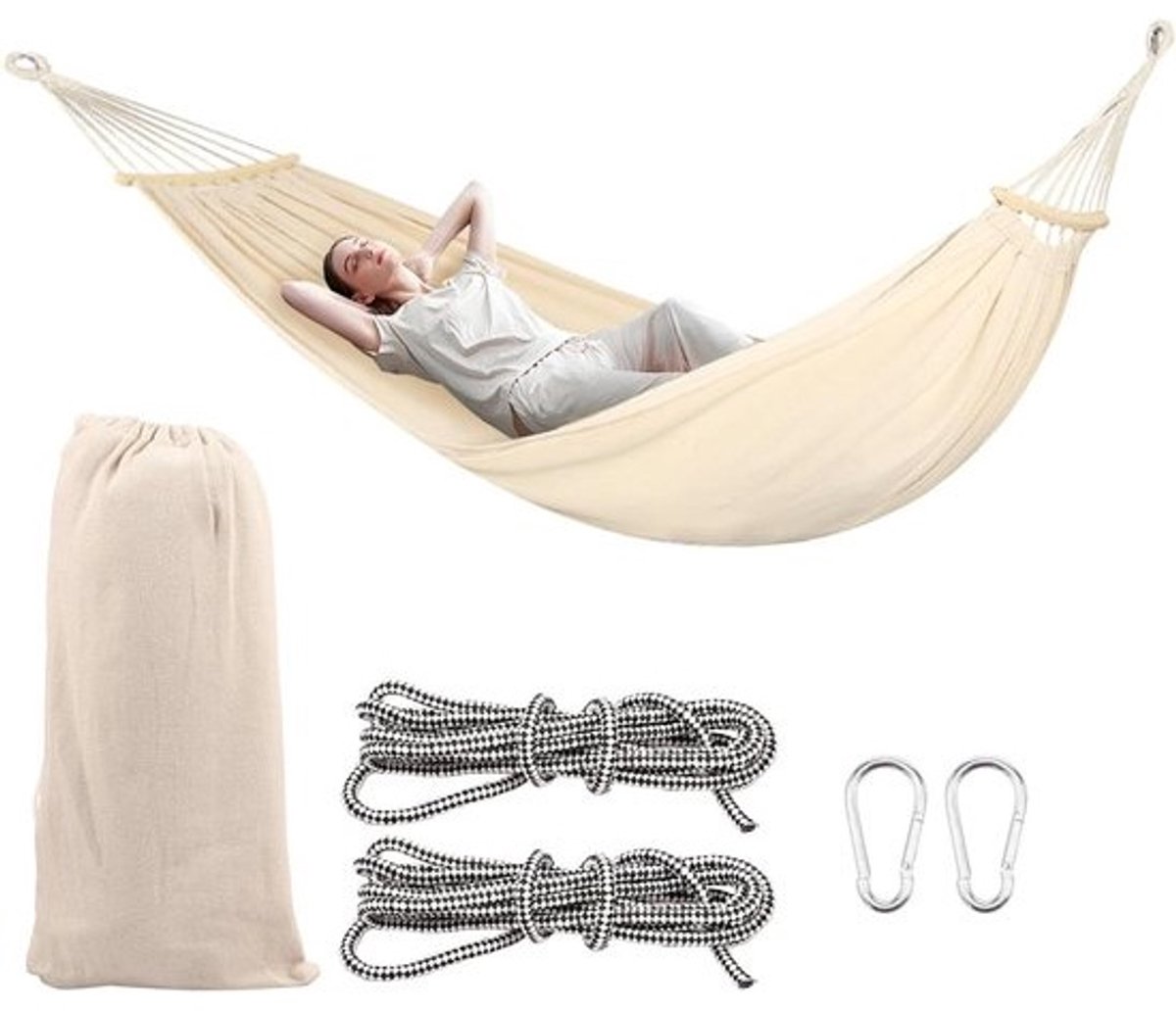 Campinghangmat - Draagbare hangmat - Buiten ontspannen - Canvas met hoge dichtheid - 200 x 150 cm - Beige wit