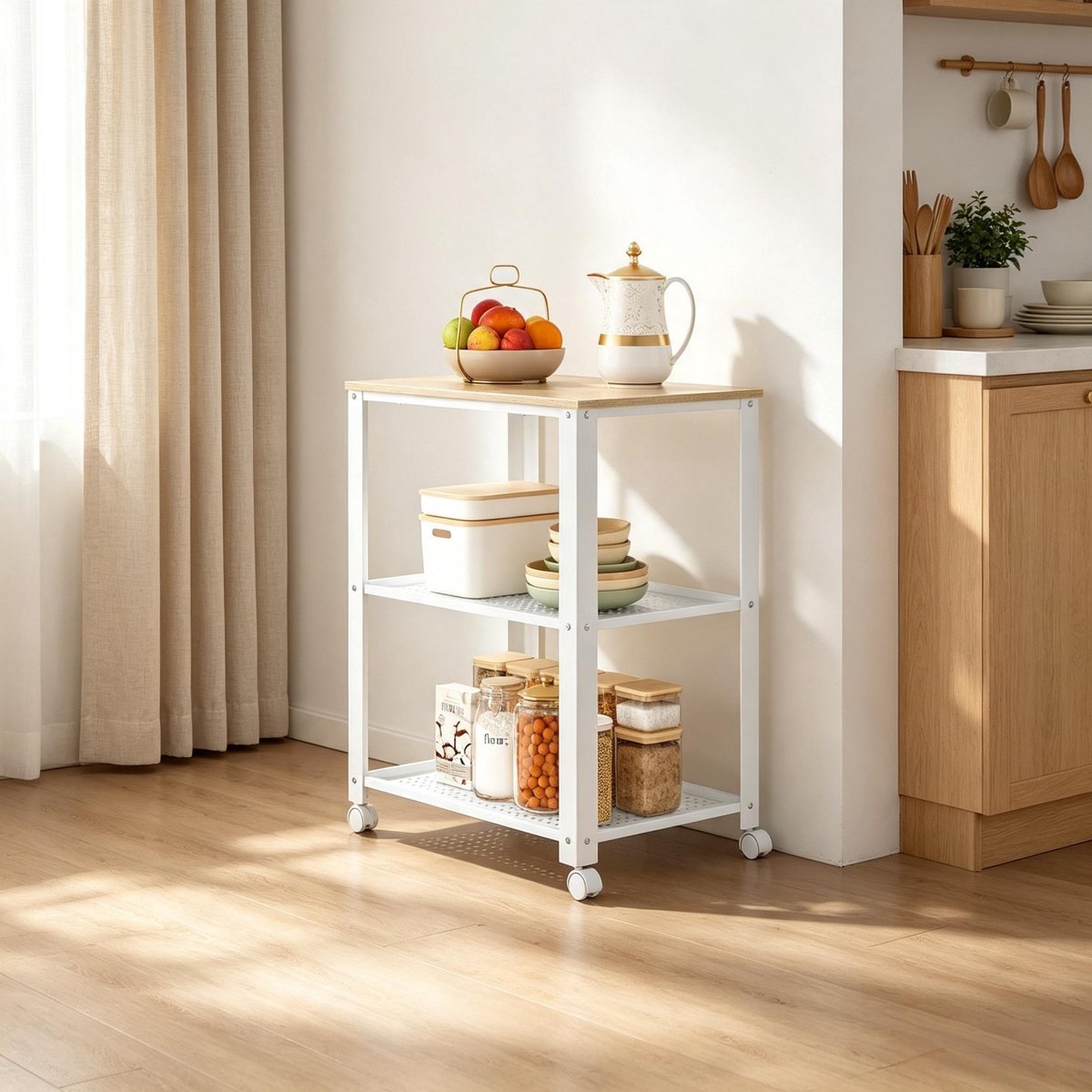 Clruro Keukenwagen - 60 x 40 x 76 cm - 3 Niveaus en 4 Wielen - E1 Spaanplaat/Metaal - Wit/Eiken