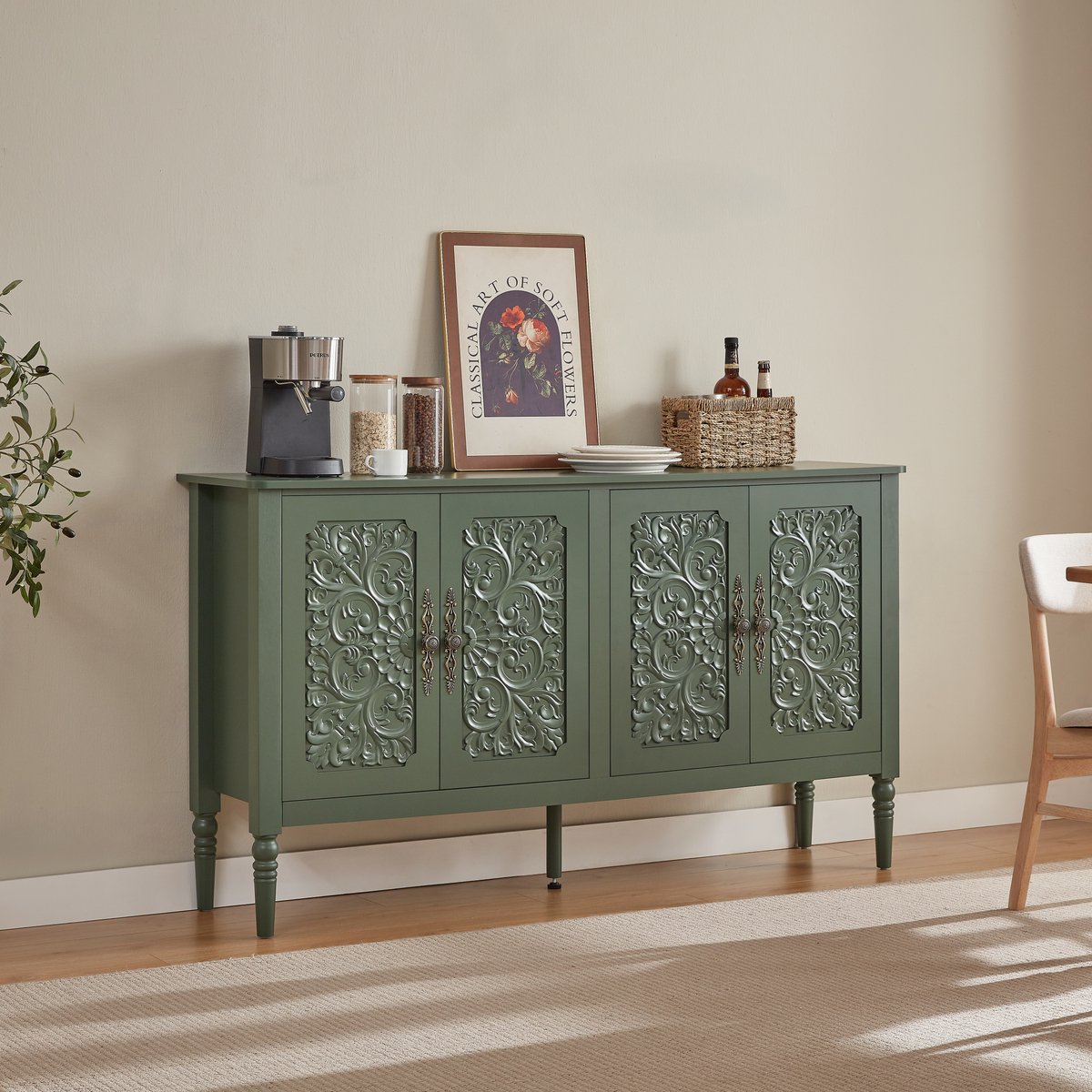 Clruro Dressoir - 160 x 40 x 89 cm - Reliëfdecor en Ronde Hoeken - MDF/Spaanplaat - Vintagegroen