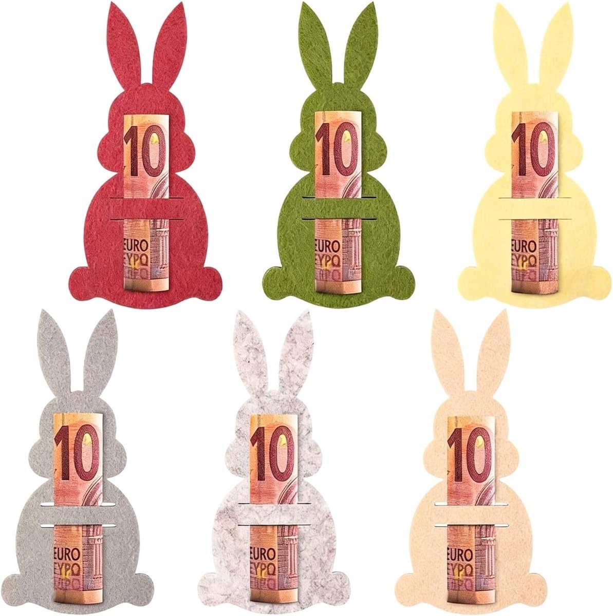 Geldgeschenkset van vilt met paashaas en paaseieren, creatieve verpakking voor geldcadeaus, kleurrijke paasdecoratie en geschenken