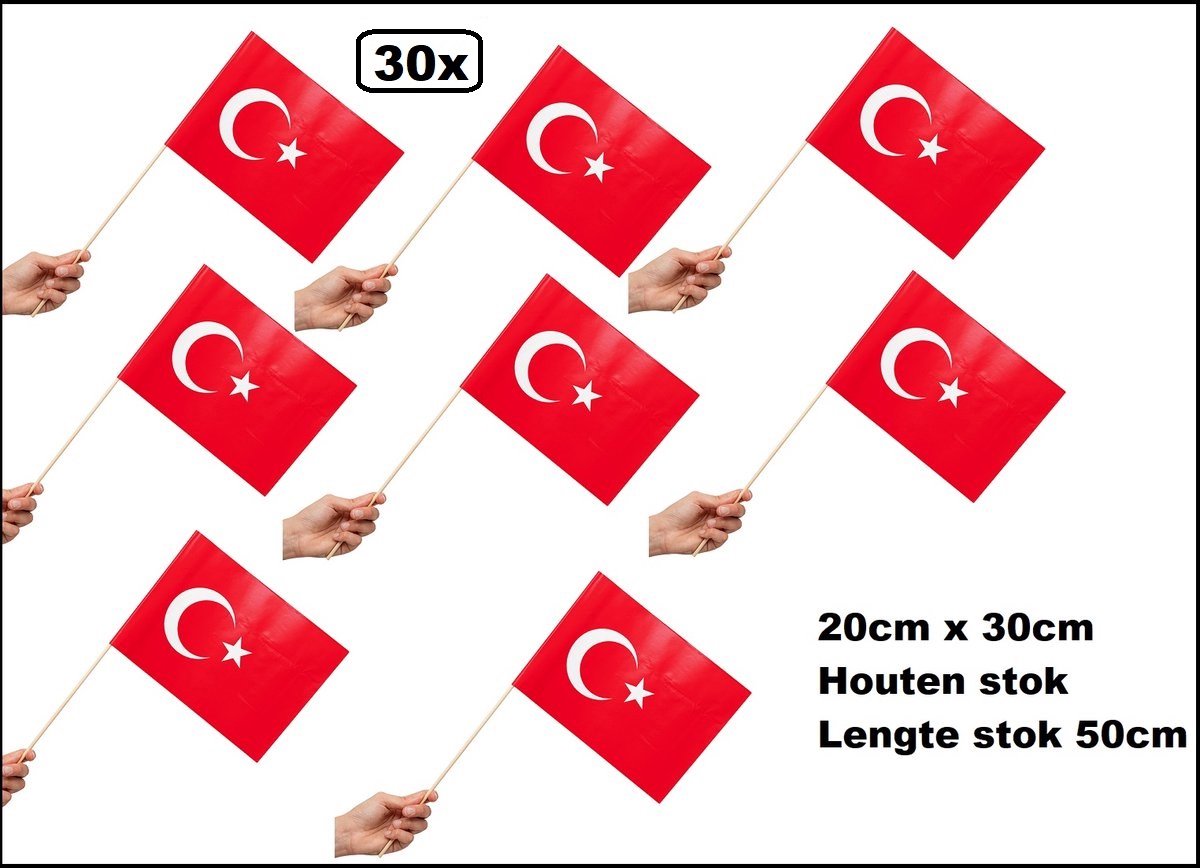 30 stuks Zwaaivlaggetjes op stok Turkije 20cm x 30cm - lengte stok 50cm - Zwaai vlaggetjes thema feest voetbal festival uitdeel