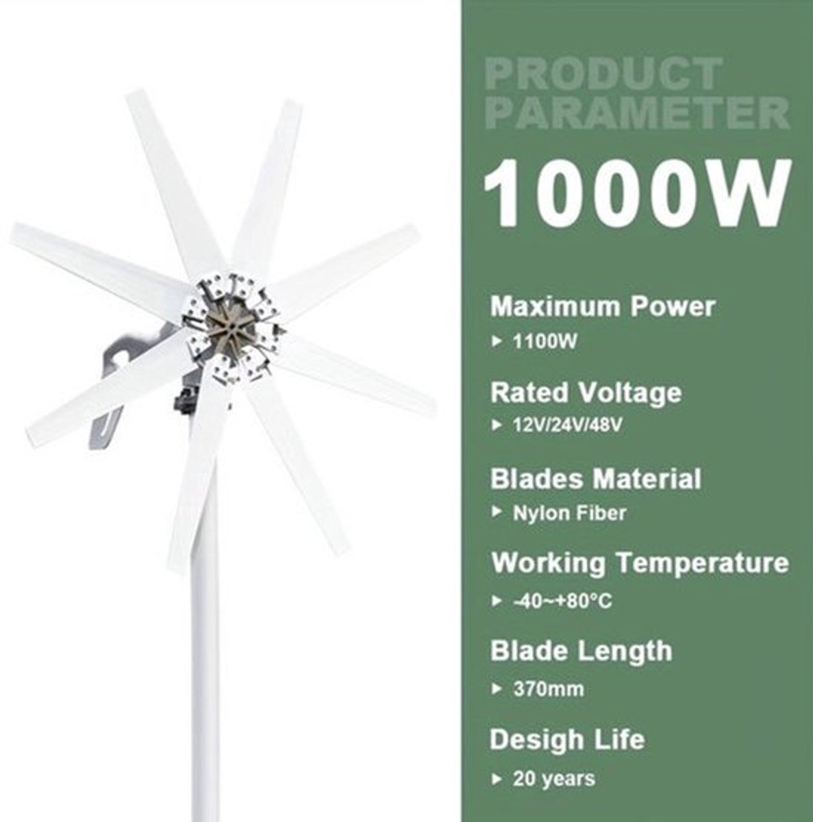 Windturbine – Windmolen – Windgenerator – Aerogenerator – Windenergie – 1000W Vermogen – MPPT Controller – Start Bij Lage Windsnelheid – Stil & Draagbaar