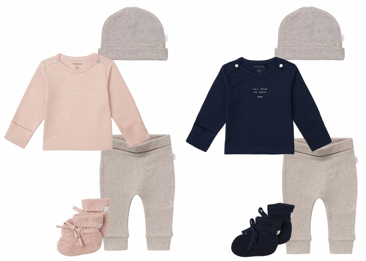 Noppies - Tweeling Jongen Meisje kledingset - 8delig - Broek Naura taupe - Shirt Neisse Donkerblauw, Roze Smoke - Muts Nevel taupe - Slofjes Nelson Donkerblauw en Rose Smoke - Maat 56