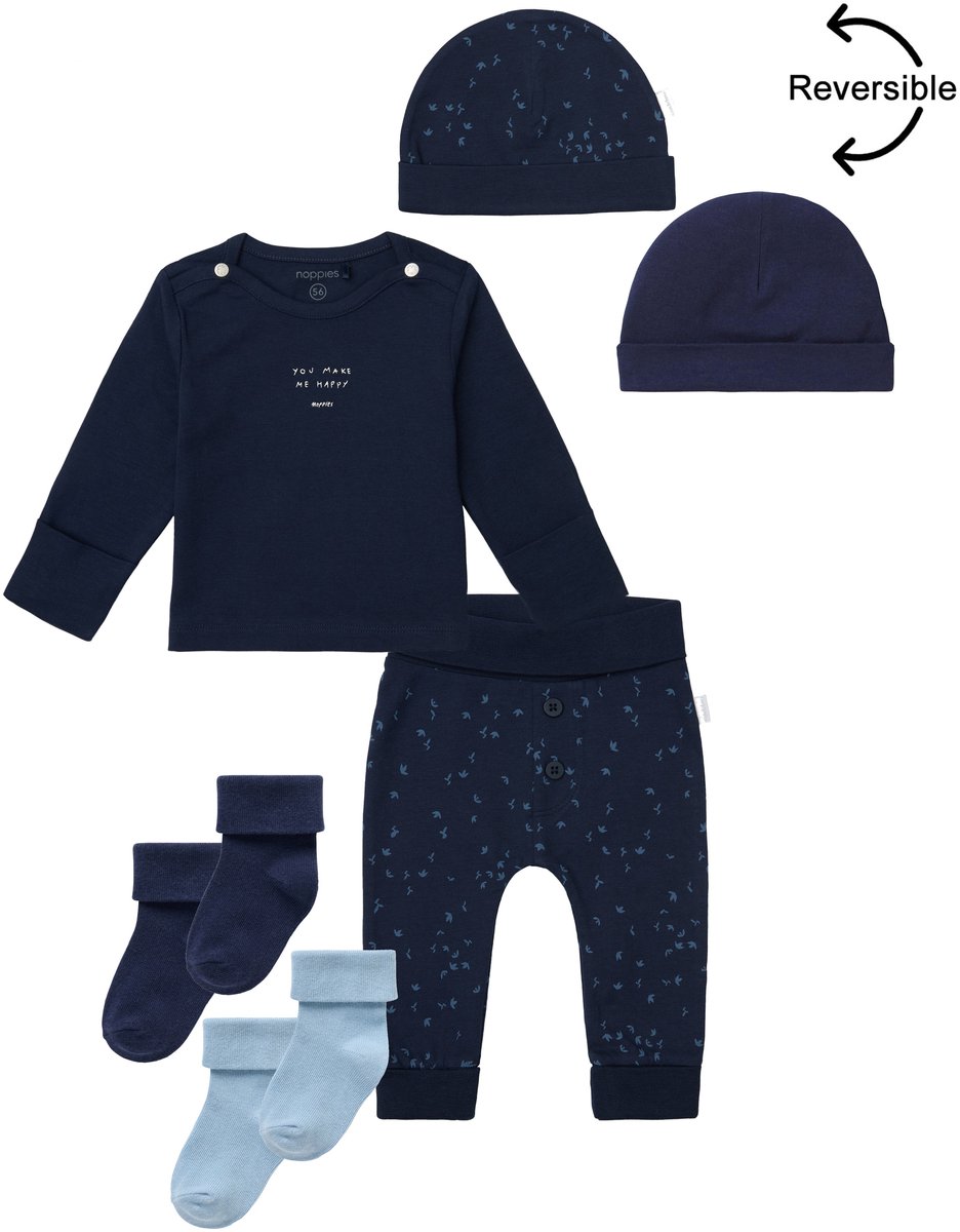 Noppies - Kledingset - 5 delig - Broek Nicea Donkerblauw - Shirt Neisse Donkerblauw - Muts Navar - 2 paar sokjes - Maat 56
