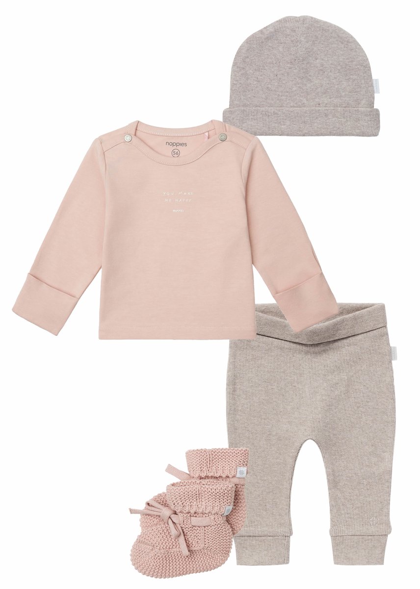 Noppies kledingset - 4delig - Broek Naura taupe - Shirt Neisse Rose Smoke - Muts Nevel taupe - Slofjes Nelson Rose Smoke - Maat 50