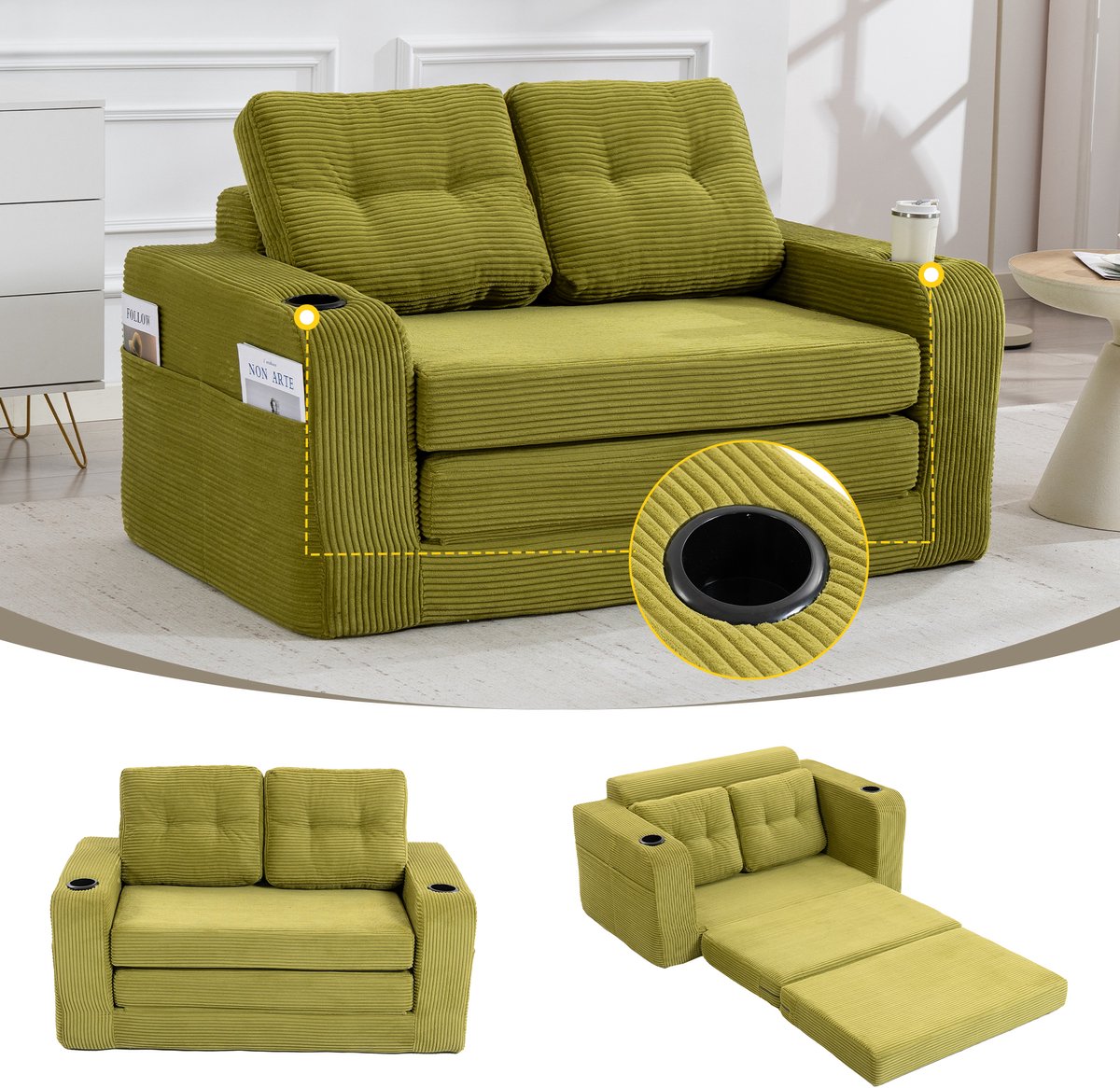 Corduroy tweezits zitzakbank - met bekerhouders en zijvakken - ombouwbaar tot tweepersoons ligbank - frameloos design - gewatteerde kussens en rugleuning - groot en comfortabel