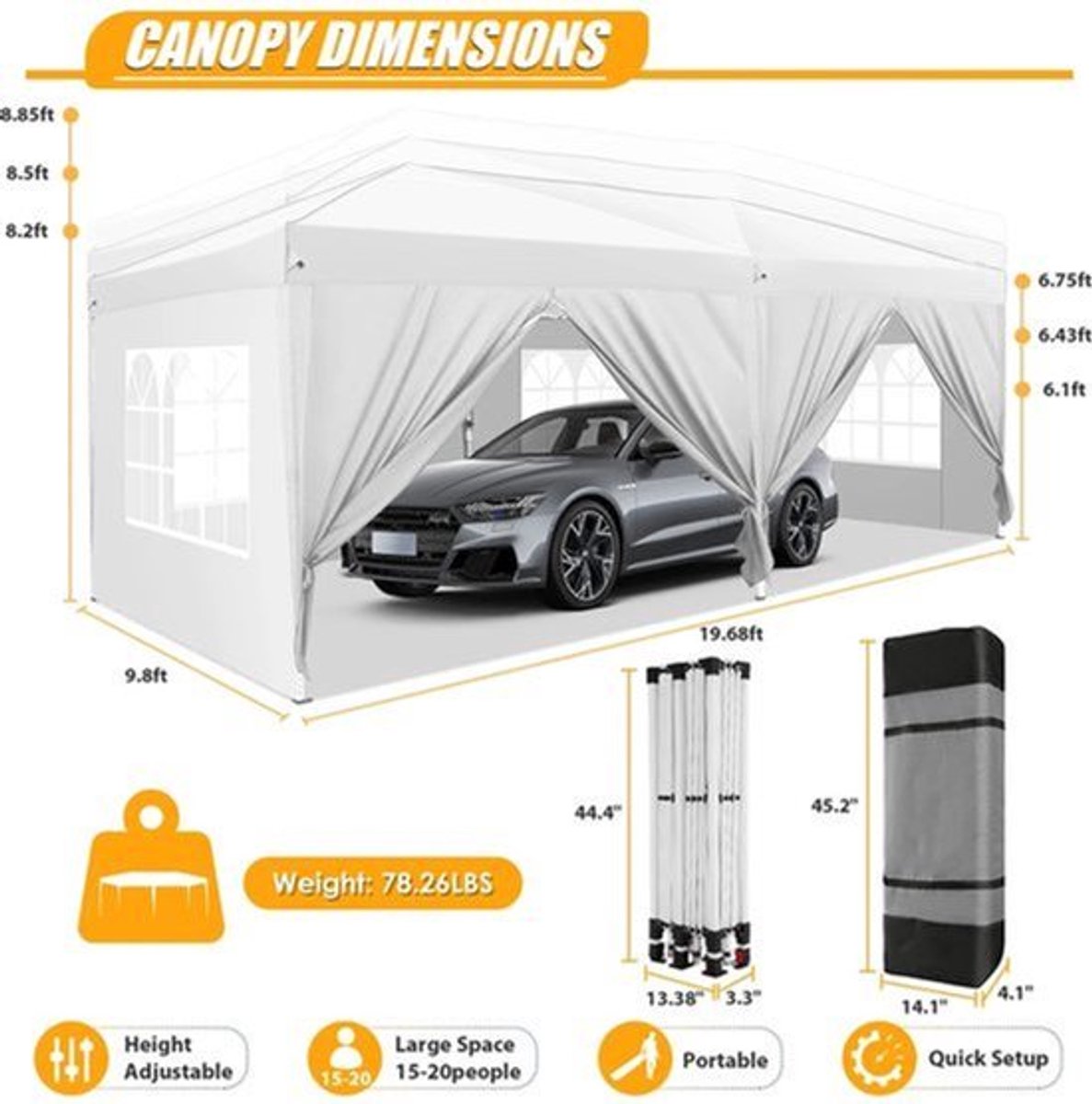 Pop-Up Partytent – Pop-Up Tent – Gazebo – Evenemententent – Feesttent – Waterdichte Oxford-Kap – 3x6 Meter – Met 6 Afneembare Zijwanden - Khaki