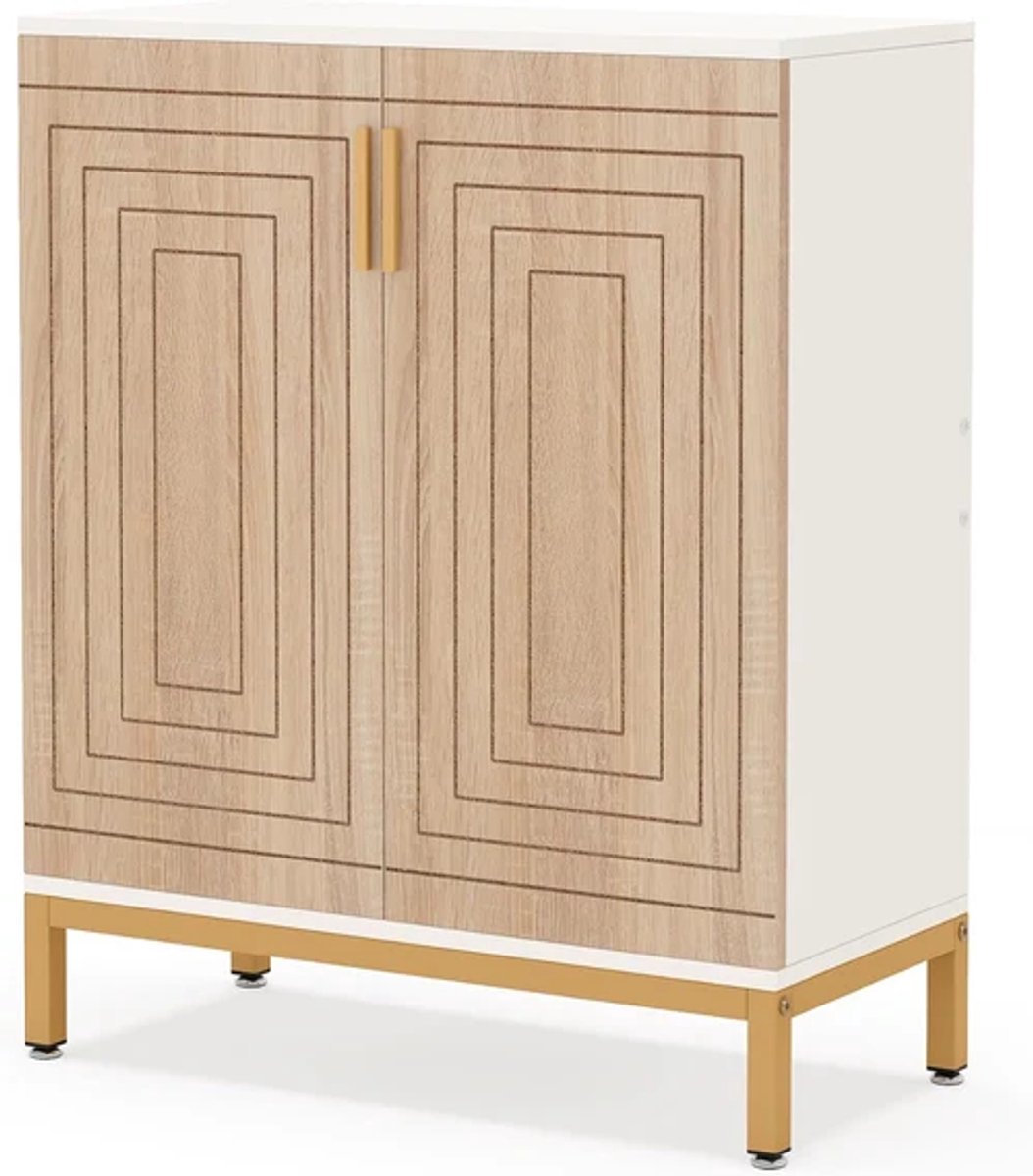 DMG Supply Schoenenkast - 5 Lagen - Uitneembare Planken - 80 x 38 x 95 cm - Lichtbruin/Wit/Goud - MDF en Metaal