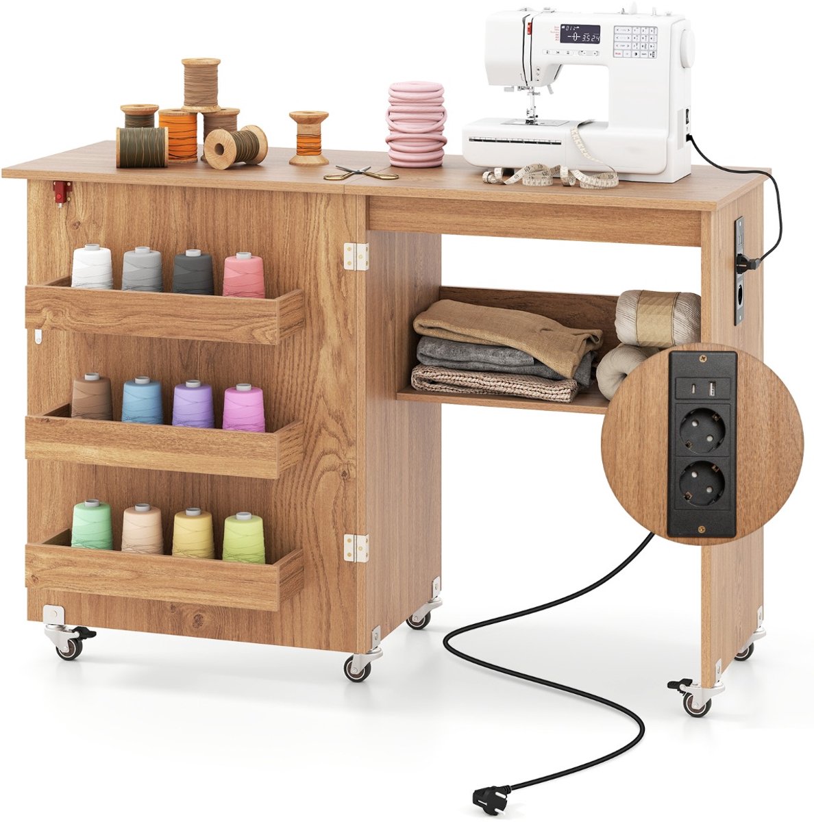 SureDeal® - Bureau - Opvouwbare Naaikast - Oplaadstation - Planken Naaimachinekast Naaikast - 116x41x78 cm - Naturel