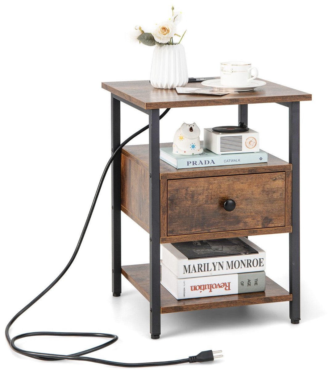 SureDeal® - Nachtkastje - Niveaus - Oplaadstation Open Schappen - Lade Bijzettafel Houten - 40x40x55 cm - Rustiek bruin