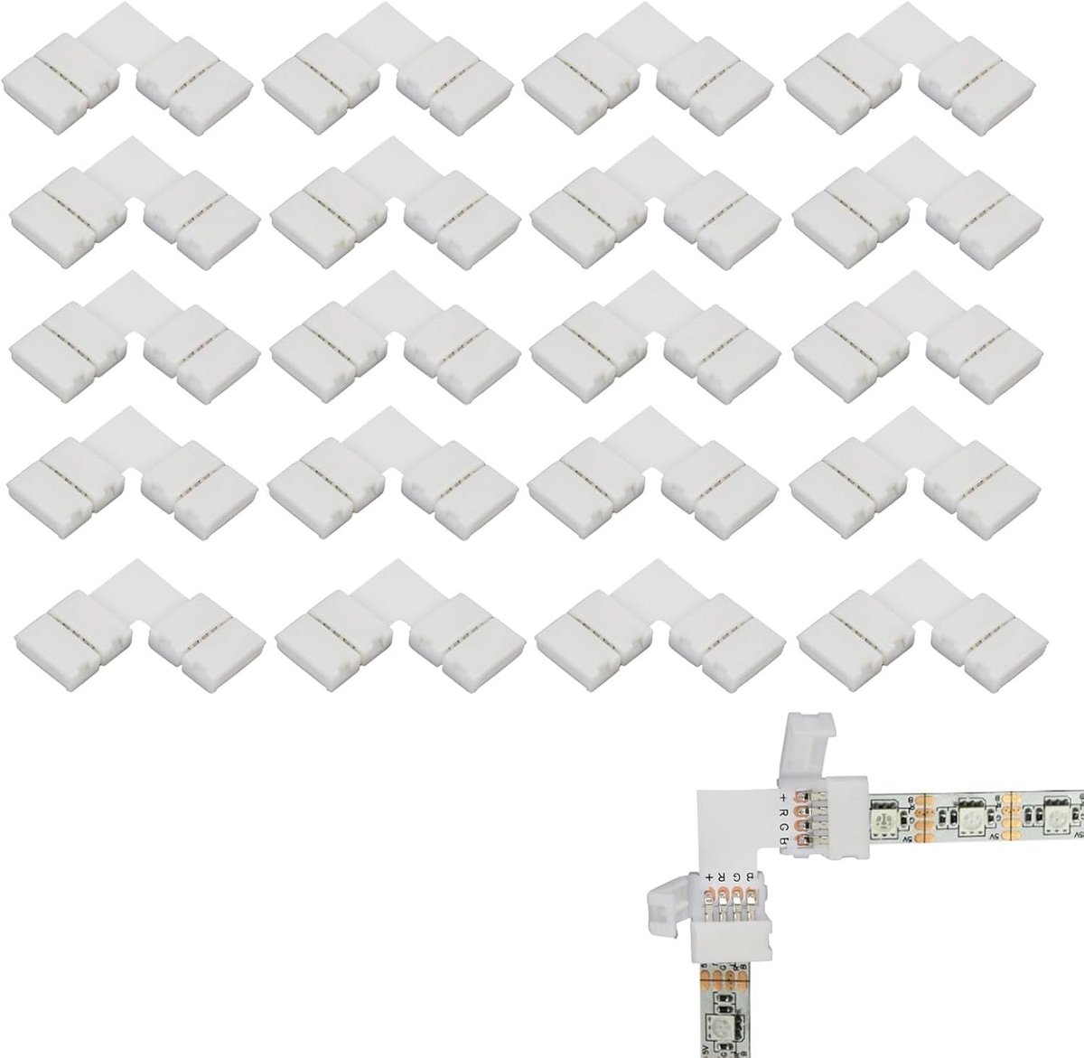 20-delige accessoires voor lichtstrips met L-vormige en naadloze 4-polige connectors voor 10mm SMD 5050 RGB LED-strips, niet waterproof, ideaal voor verlichting en decoratie