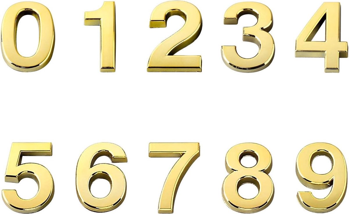 Set van 10 Zelfklevende Huisnummers 5 cm, Deurnummers 0-9 voor Thuis, Restaurant en Postbus (Goud)