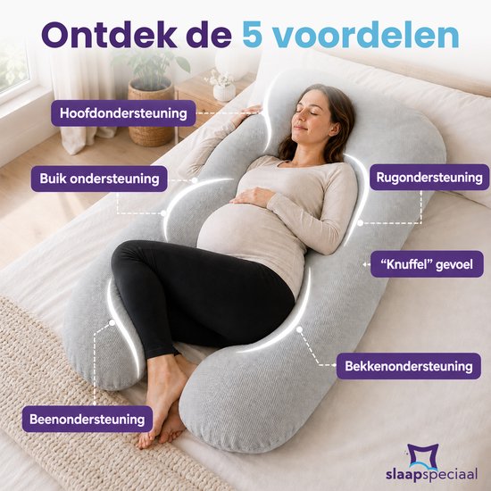 Slaapspeciaal XXL Zwangerschapskussen U-Vorm 140x75 cm - Ergonomisch Body Pillow & Zijslaperkussen - Afneembare Grijze Wafelhoes — afbeelding 2