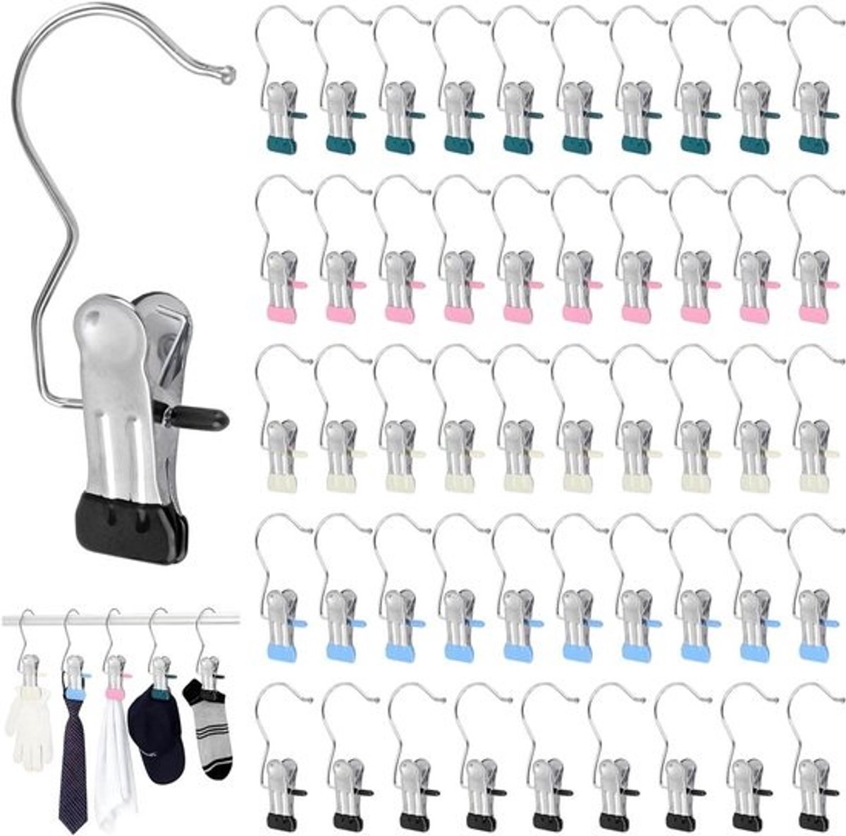 Wasknijpers Roestvrij Staal - Kledinghangers Clips - Kleding Drogen - Antislip Zonder Afdrukken - 50 stuks - Meerkleurig