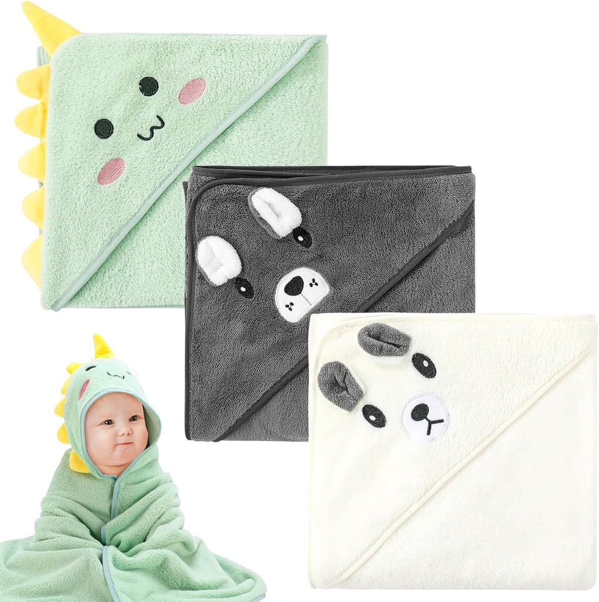 Super Absorberende Baby Badcape met Kap - 3 Delige Set in 3 Motieven voor Comfortabel Badderen
