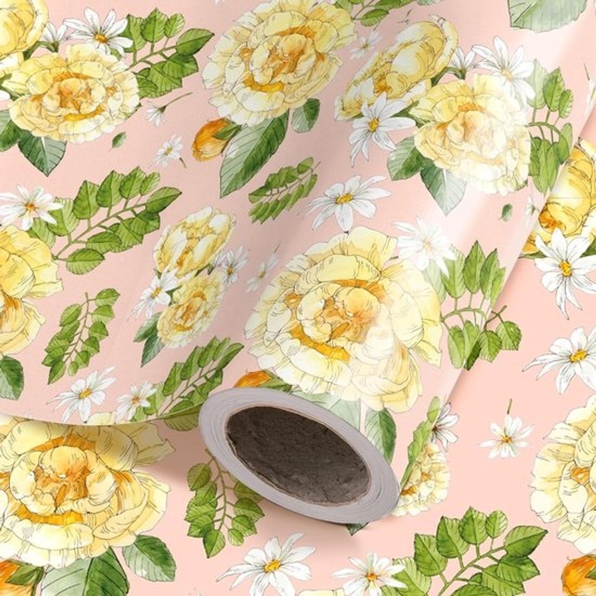 Bloemeninpakpapier Rol - Cadeaupapier Verpakking - Geschenken Versieren - Elegant Geel Bloemenpatroon - 47 cm x 5 meter - Geel