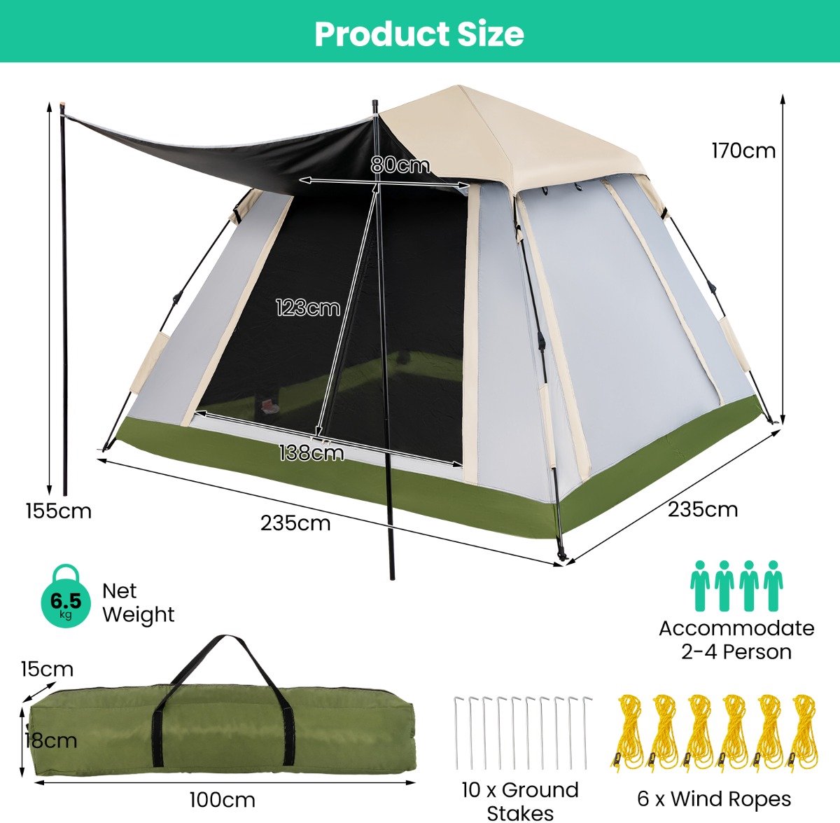 SureDeal® - Kamper - Snel Zetten Pop - Afneembare Luifel Twee - Twee Deuren - Ritssluiting - Draagtas - 235x235x170 cm - Beige + Groen + Grijs