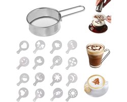 Stainless Steel Poederzeef Set met 16 Cappuccino Mallen voor Decoratie van Cupcakes, Cappuccino en Warme Chocolade voor Volwassenen en Kinderen