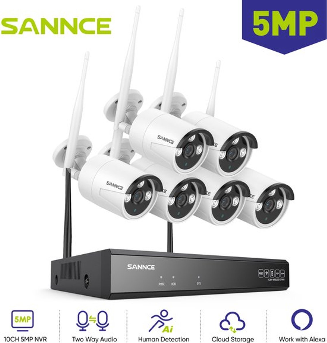 Beveiligingscamera Set - 6 Stuks - 5MP Resolutie - Nachtzicht Tot 30m - Weerbestendig IP66 - Voor Binnen En Buiten
