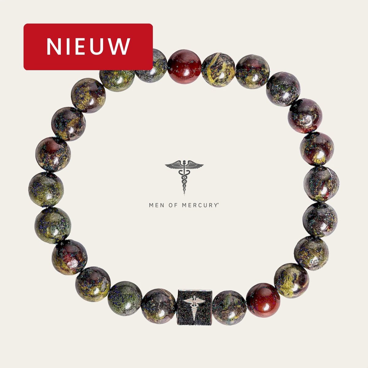 MEN OF MERCURY® Natuursteen Armband Heren - Dragon Blood Stone - Groen & Rood - Handgemaakt - Elastisch - Kracht & Vitaliteit - Spirituele Betekenis - 20cm