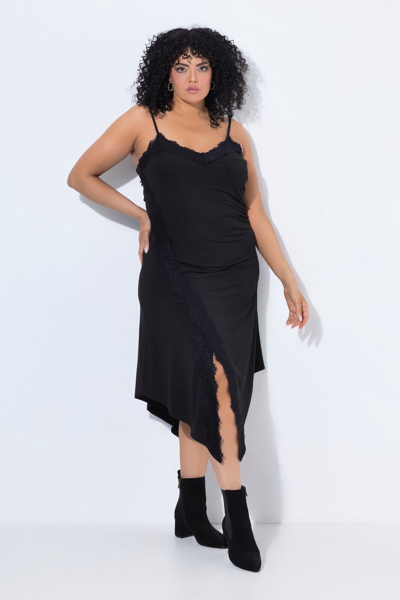 Ulla Popken Dames - Slinky maxi-jurk A-lijn V-hals mouwloos - Zwart - Maat 46+