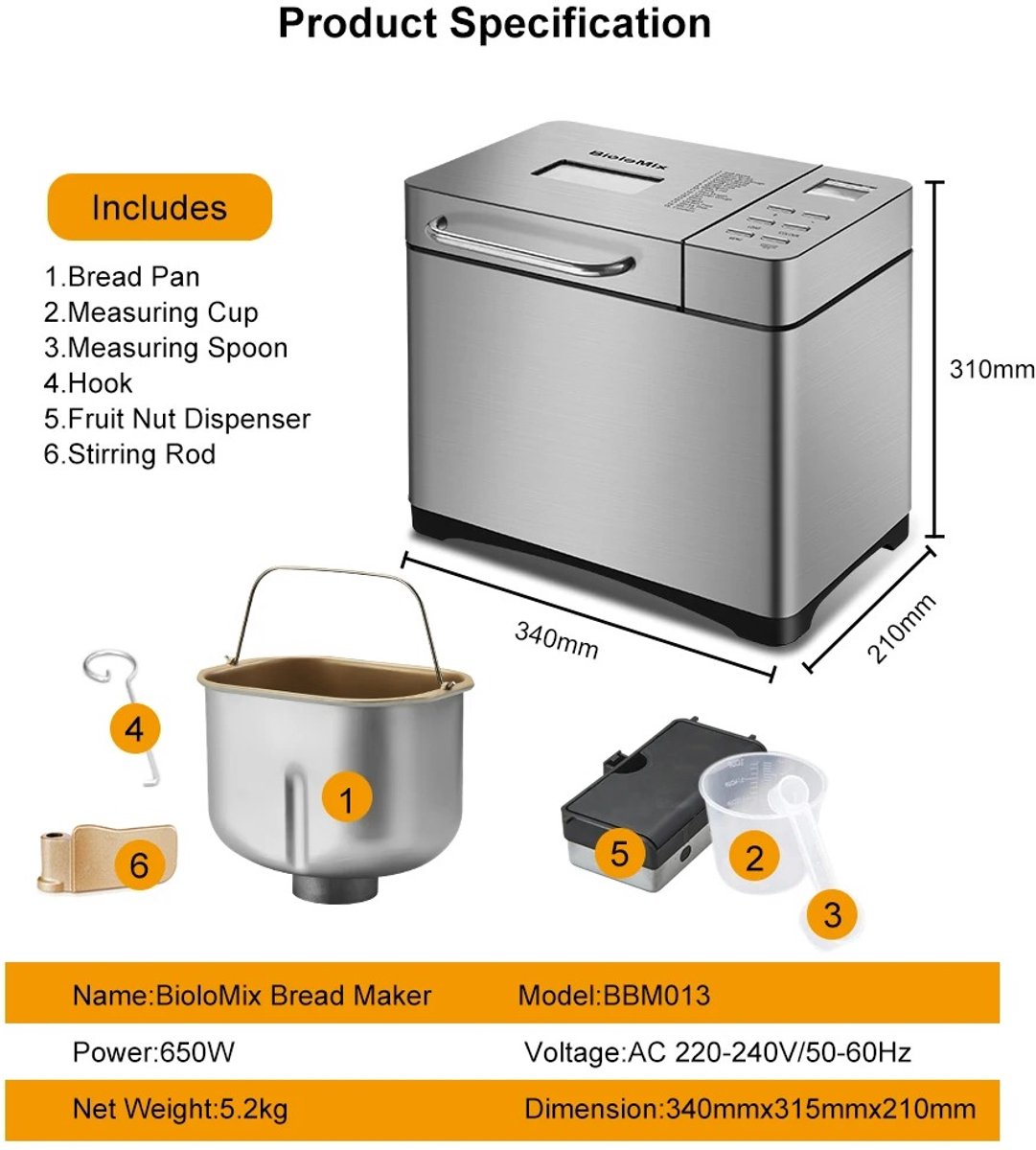 6Seven - Broodbakmachine - Broodbakmachine met notendispenser - 19 programma's - roestvrij staal - 1kg capaciteit
