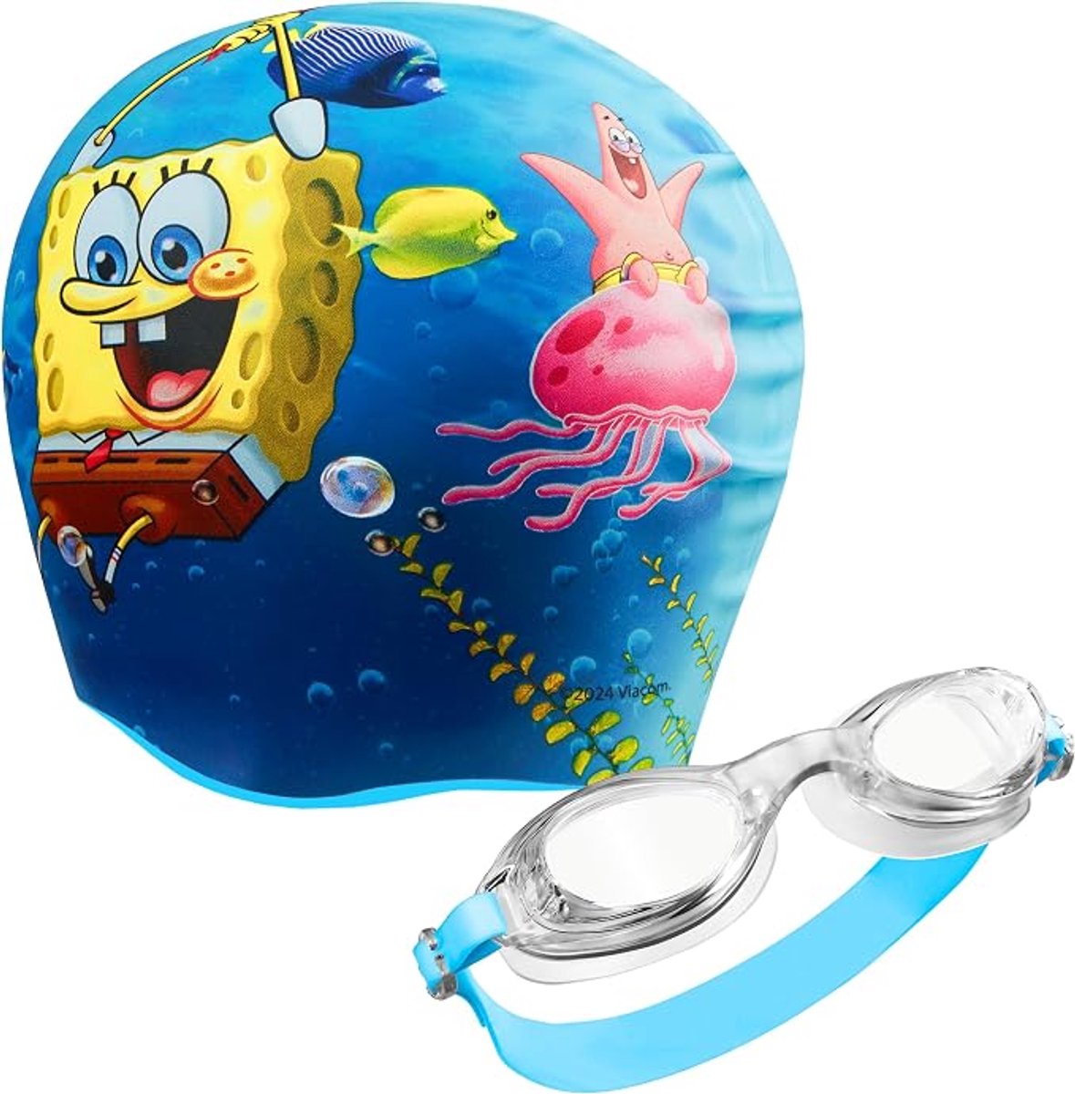 MSB Handel SpongeBob SquarePants Kinder Zwembril met Badmuts Set - Anti-Condens & UV Bescherming - Zwembril Kinderen 3-10 Jaar - Blauw