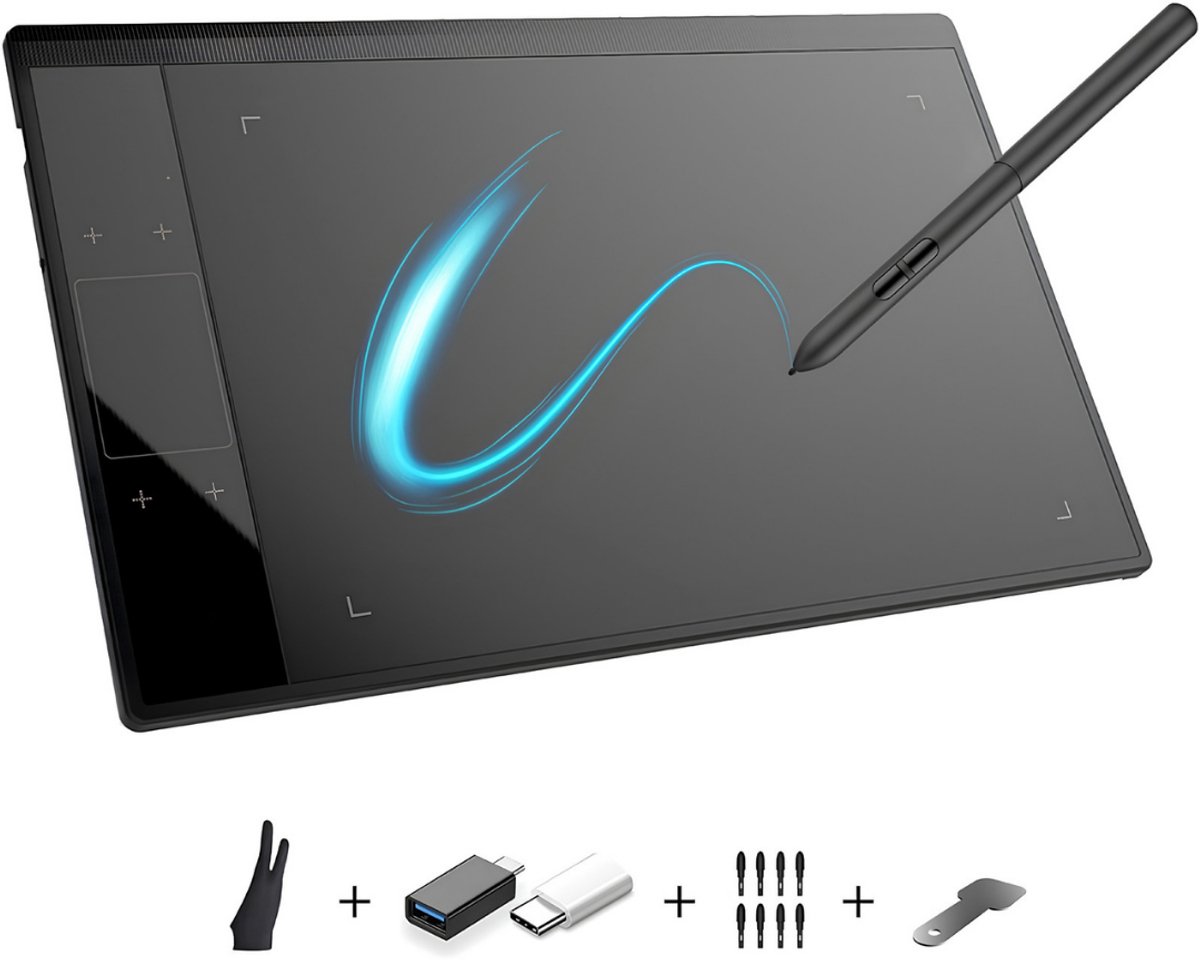 KIRA® Tekentablet - Tekentablet met 4 Touch-Sensor Toetsen - Professioneel Tekenpad voor Design - Zwart - 25cm x 25cm x 1cm