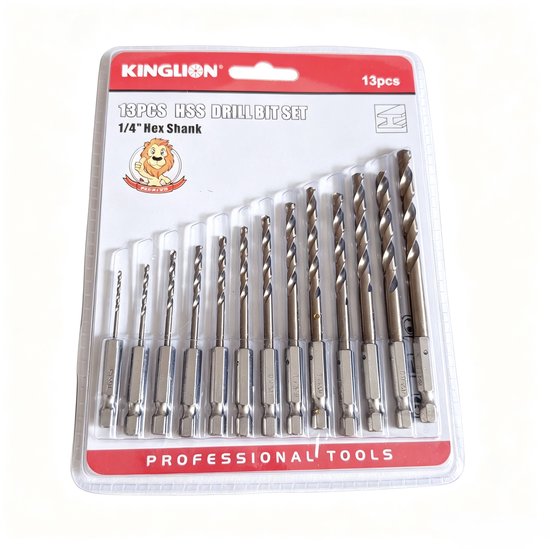 KINGLION 13-delige HSS boorset met 1/4" zeskantige schacht, professionele gereedschappen.